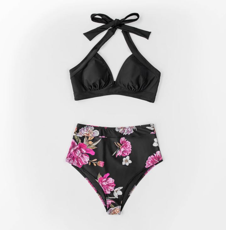 Floral Black High Waist Plus Size Bikini Set