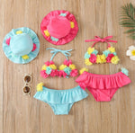Flower 3Pcs Halter Triangle Top with Ruffle Bottom and Sun Hat