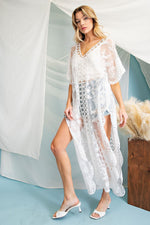 Embroidered Sheer Mesh Kaftan Dress - White