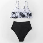 Palm Tree Ruffle High Waist Bikini Set