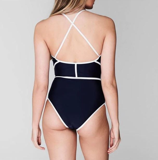 The Beach Company India - online swimwear - black and white monokini - non - padded swimwear - front zip one piece -  panelled design with contrasting - cross back spaghetti straps - wedding swimwear - pool party swimsuits - cheap swimsuits - 