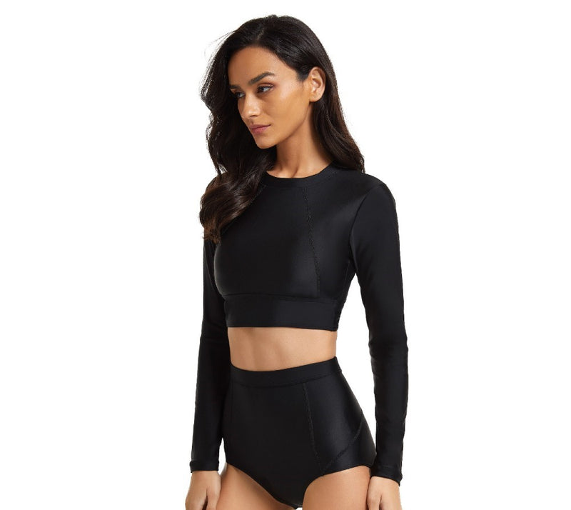 UV Sun Protection Keyhole Back Cropped Rash Guard Long Sleeve Set