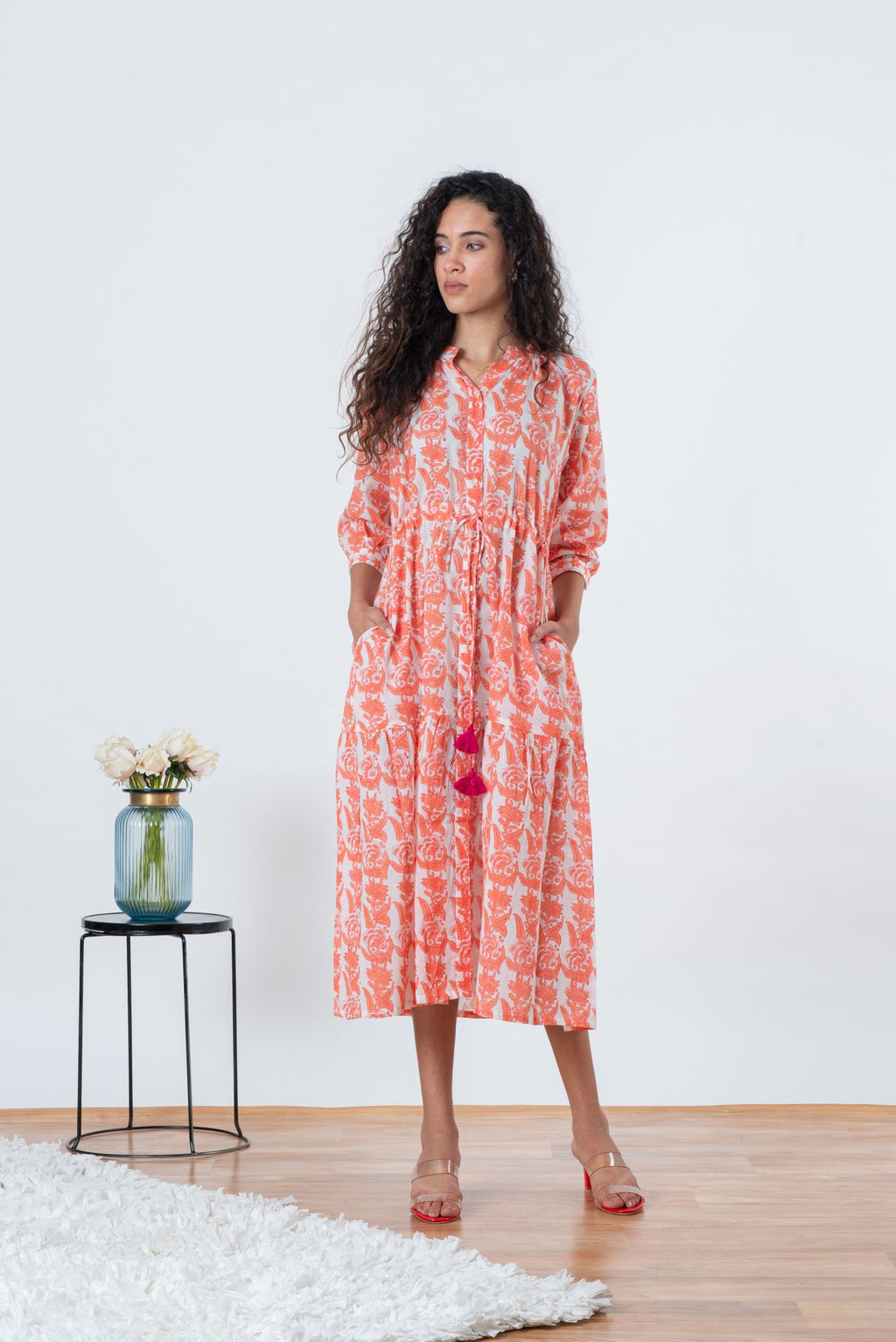 Beachwear party wear pool party beach side shop online India the beach company women dresses cute travel trip clothes cod free delivery discount Tuscany dress coral print white pink semi formal casual dress