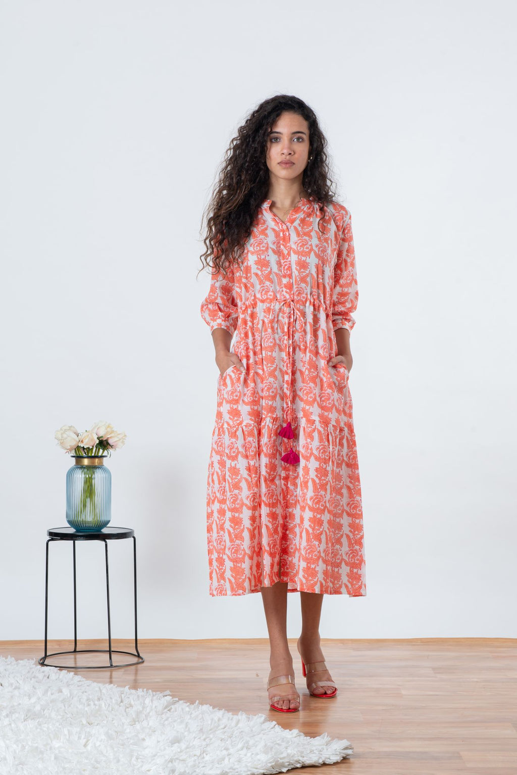 Beachwear party wear pool party beach side shop online India the beach company women dresses cute travel trip clothes cod free delivery discount Tuscany dress coral print white pink semi formal casual dress