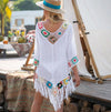 V Neck Asymmetrical Crochet Trim Tassel Cover Up