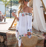 V Neck Asymmetrical Crochet Trim Tassel Cover Up